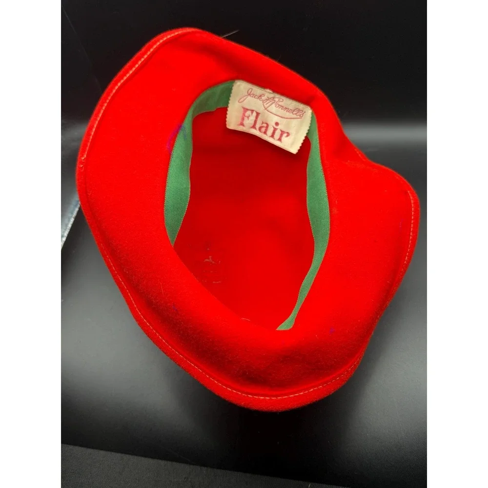 Vtg Jack McConnell Flair Red Wool Doeskin Felt Cloche Hat Lace Flower Church